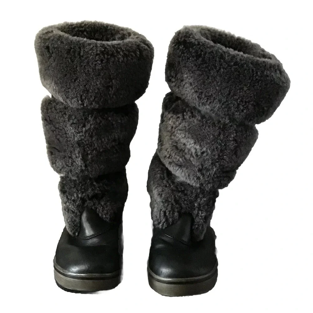 UGG Australia Black Leather Grey Shearling Buckle Mid Calf Winter‎ Boots Womens